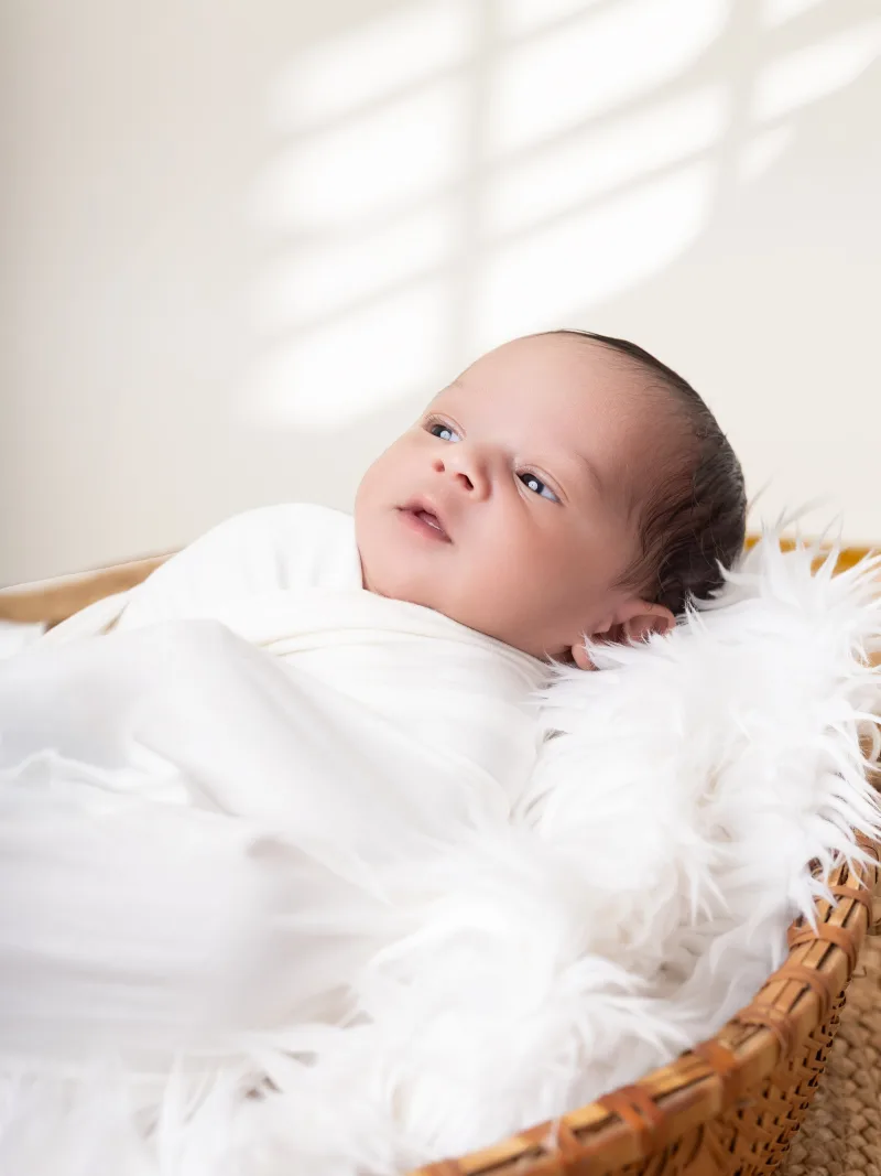 Wide-awake newborn in a woven basket under window light