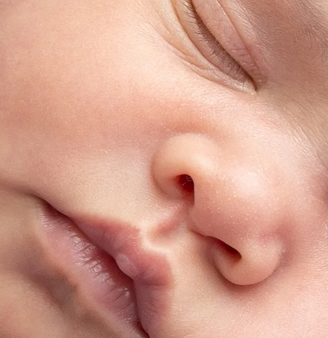 Macro detail of a sleeping newborn's nose and lips